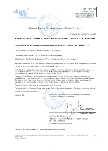 Certificate of GDP Compliance of a Wholesale Distributor